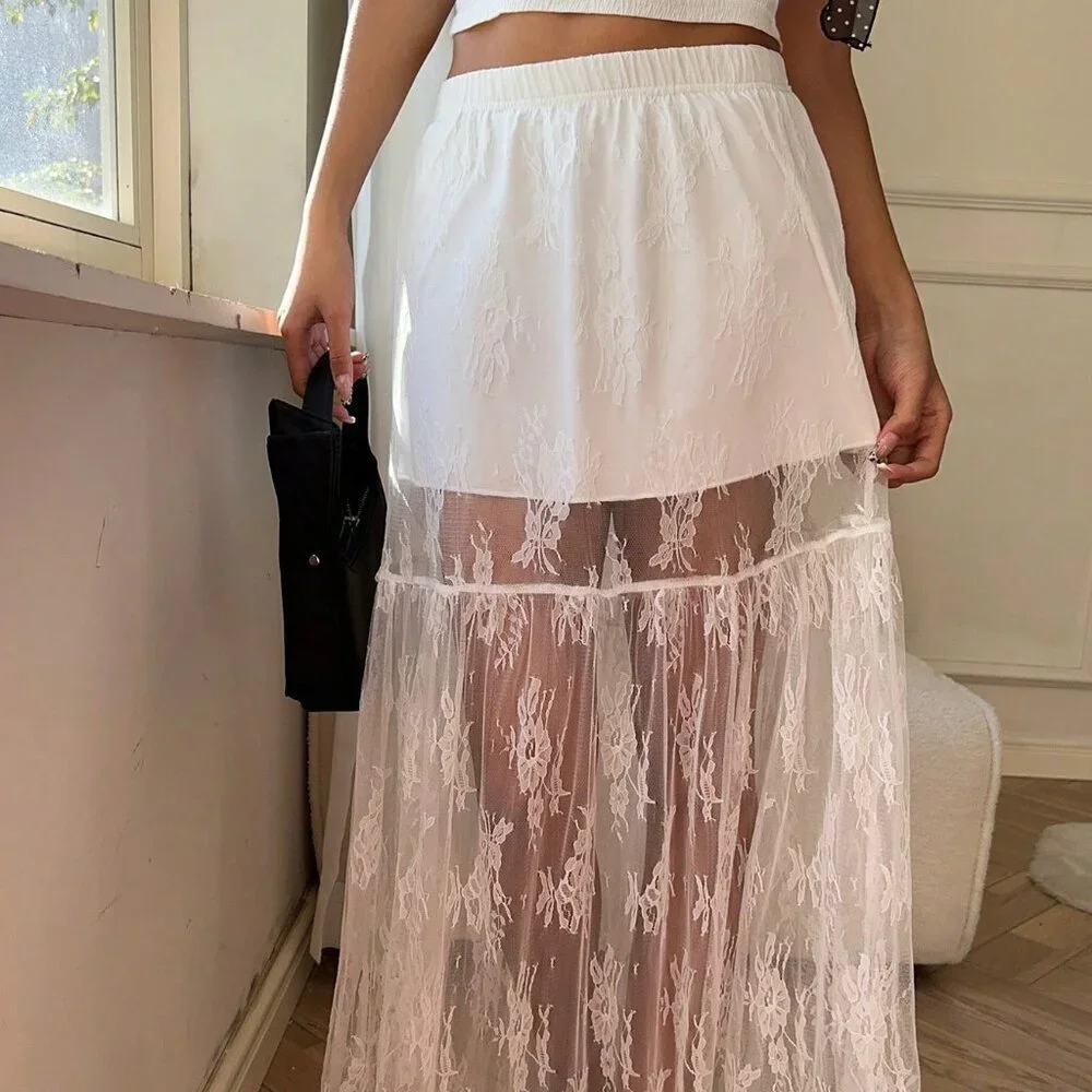 White Elegant Women's Elastic Waist Lace Patchwork Maxi A-Line Skirt - Picture 2 of 7